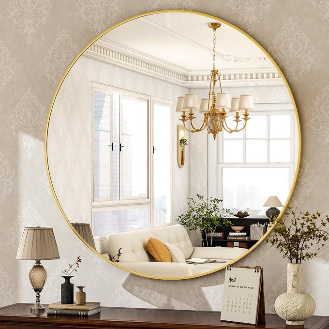 ROUND MIRROR 30 GOLD WALL MOUNTED CIRCLE MIRRORS VANITY MIRROR WITH BRUSHED ALUMINUM ALLOY FRAME MODERN DECORATION FOR BATHROOM LIVING ROOM VANITY BEDROOM ENTRYWAY