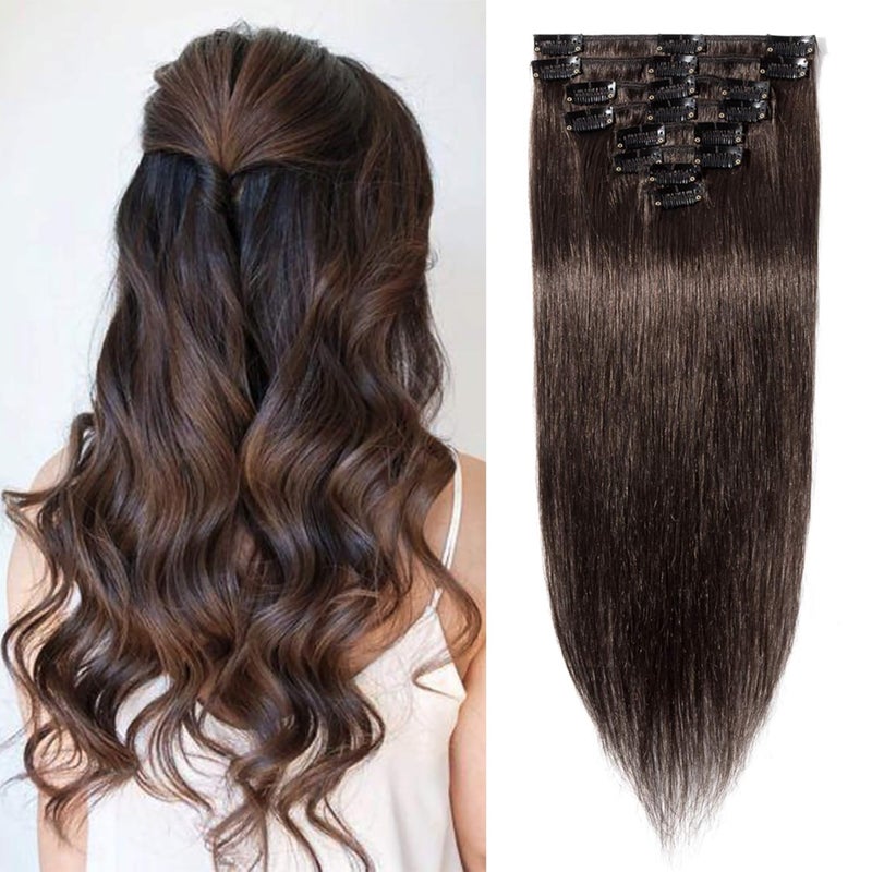 Snoilite Clip in Human Hair Extension 8Inch 18 Clips Short Clip in Hairpieces 45g 8 Pieces Thin Remy Hair For Women With Thin Hair Add Hair Volume Dark Brown