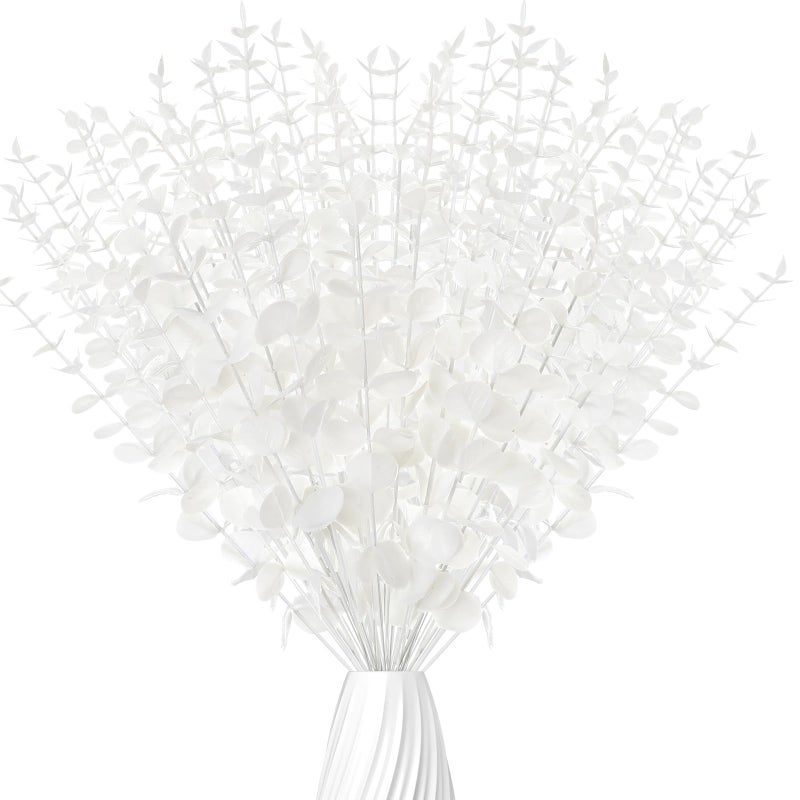 Canlierr 50 Pcs Eucalyptus Stems Faux Greenery Artificial Eucalyptus Leaves Eucalyptus Decor Greenery Stems Faux Greenery Branch for Wedding Centerpiece Flower Bouquet Farmhouse Home (White) - Image 2