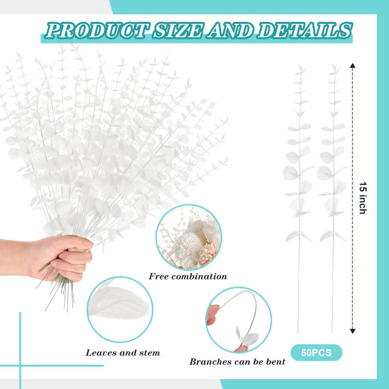 Canlierr 50 Pcs Eucalyptus Stems Faux Greenery Artificial Eucalyptus Leaves Eucalyptus Decor Greenery Stems Faux Greenery Branch for Wedding Centerpiece Flower Bouquet Farmhouse Home (White) - Image 3