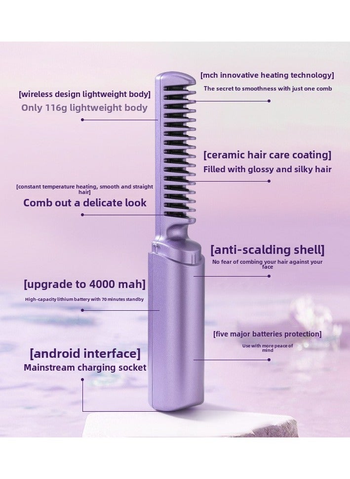 Goolsky Cordless Hair Straightener Brush, Portable Mini Straightening Brush for Travel, Negative Ion Hot Comb Hair Straightener for Women, Lightweight to Carry Out, USB Rechargeable - Image 2