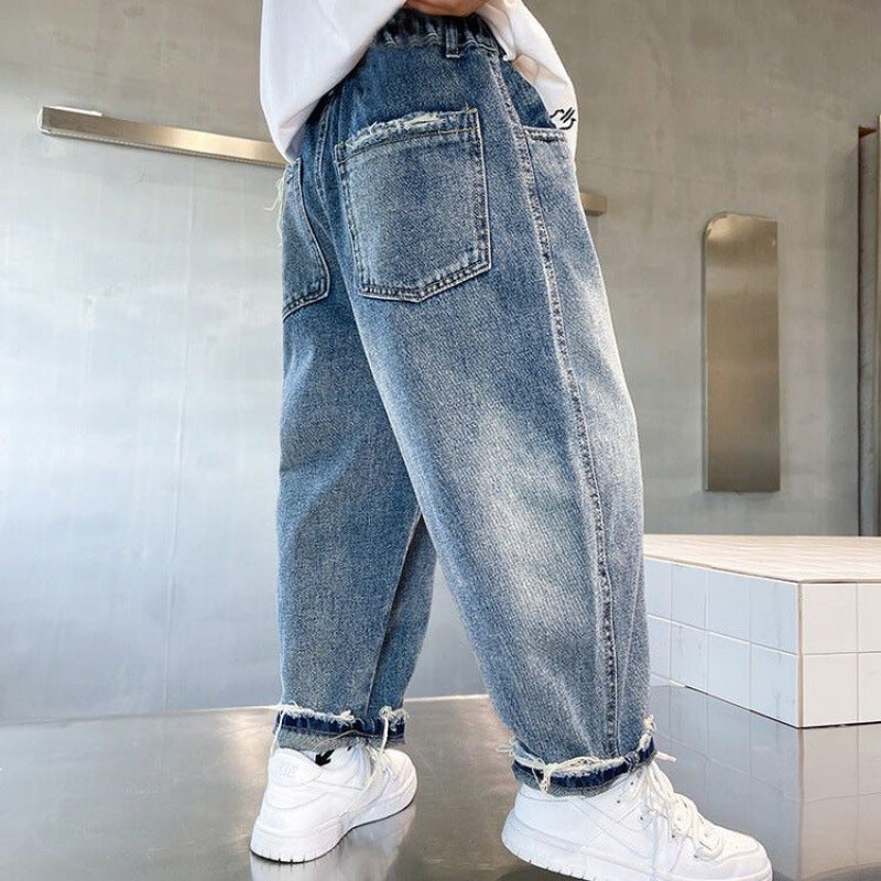 Children'S Denim Wide-Leg Pants Loose Straight Pants Big Boy Men'S Handsome 2023 New Style Street-Fried Trendy Pants - Image 3