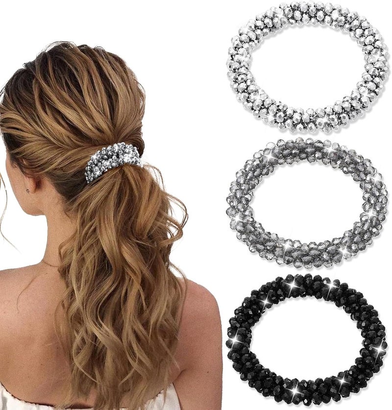 3 PCS Rhinestone Hair Ties Elastic Ponytail Holders Glitter Crystal Hair Scrunchies Ties Headband Beaded Hair Accessories for Women Girls
