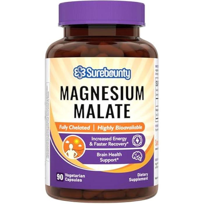 Surebounty Magnesium Malate, 230mg Elemental Mag Per Serving, Fully-Chelated, Maximum Absorption & Bioavailability, Non-GMO, Energy, Recovery, Brain Support, 90 Vegan Caps - Image 1
