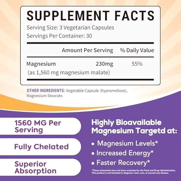 Surebounty Magnesium Malate, 230mg Elemental Mag Per Serving, Fully-Chelated, Maximum Absorption & Bioavailability, Non-GMO, Energy, Recovery, Brain Support, 90 Vegan Caps - Image 2