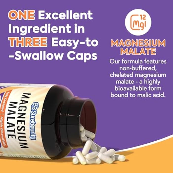 Surebounty Magnesium Malate, 230mg Elemental Mag Per Serving, Fully-Chelated, Maximum Absorption & Bioavailability, Non-GMO, Energy, Recovery, Brain Support, 90 Vegan Caps - Image 3