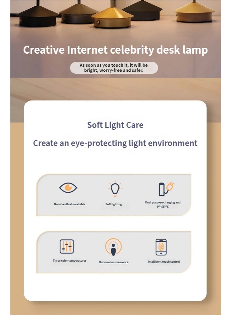 Cordless Rechargeable Touch Table Lamp – Gold｜3 Color Temperatures & Stepless Dimming｜Premium Ambient LED Desk Lamp - Image 3
