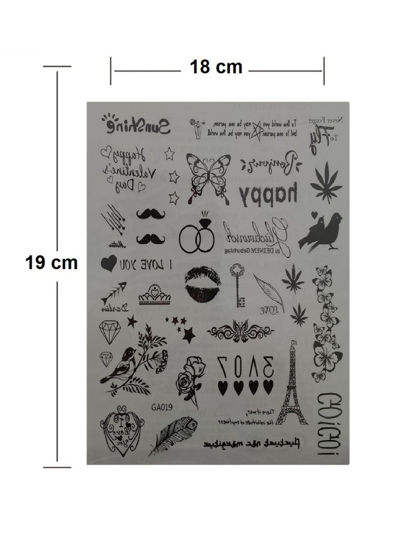 تتضمن ورقة الوشم مجموعة متنوعة من التصاميم، مثل الفراشات والزهور والقلوب والرموز. - Image 2