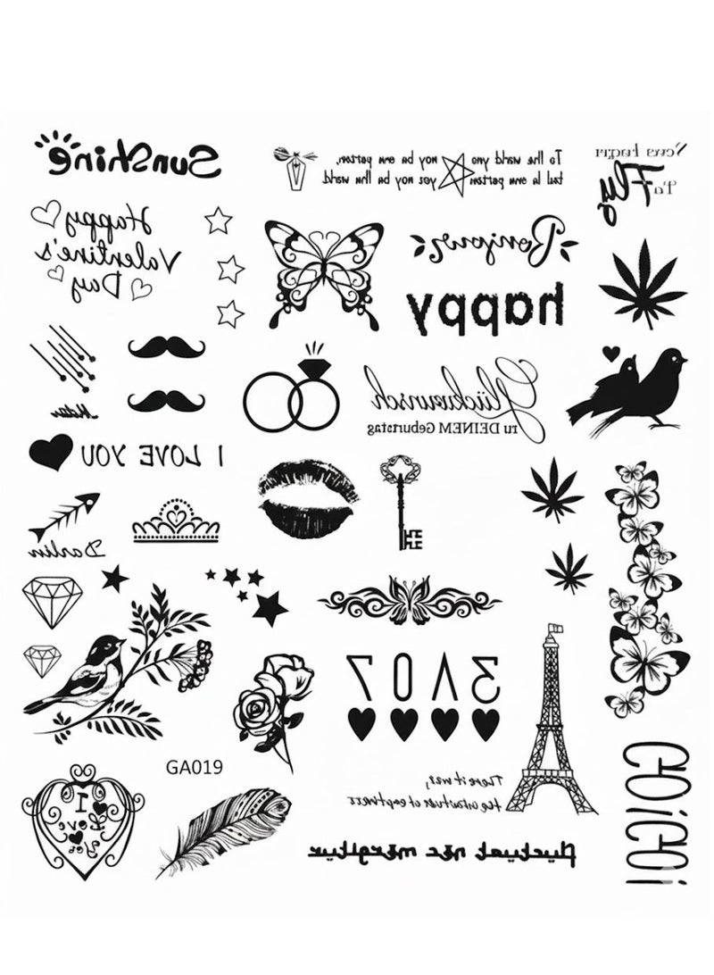تتضمن ورقة الوشم مجموعة متنوعة من التصاميم، مثل الفراشات والزهور والقلوب والرموز. - Image 1