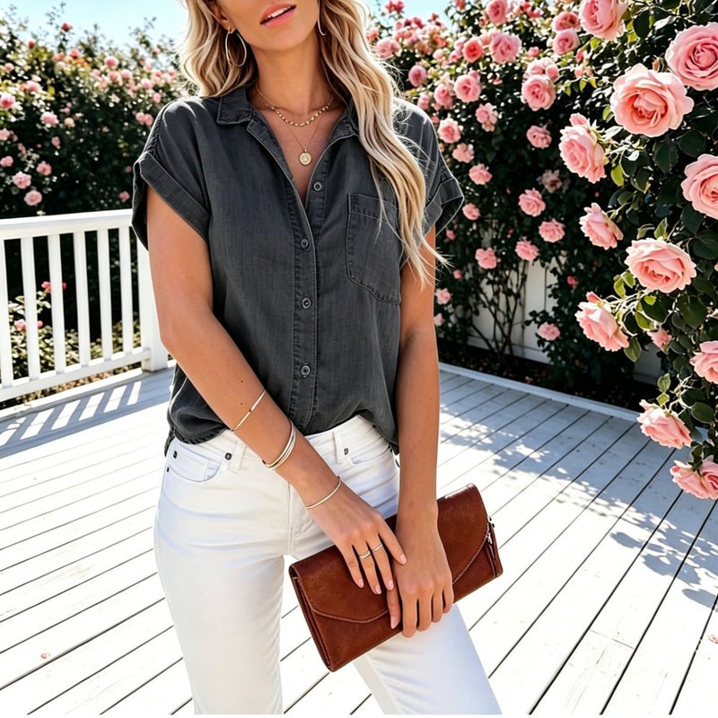 Women's Casual Denim Shirt Short Sleeve - Image 4
