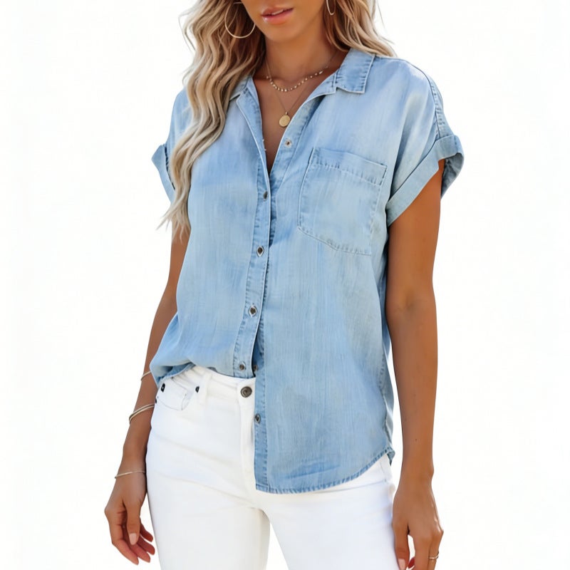 Women's Casual Denim Shirt Short Sleeve - Image 5