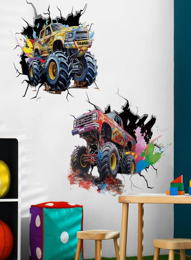 Runtoo Large Monster Truck Wall Decals for Boys Room Watercolor 3D Racing Car Wall Sticker Kids Bedroom Playroom Decor - Image 1
