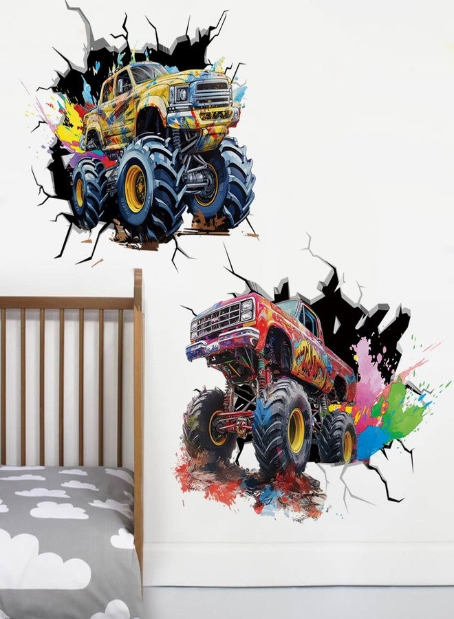 Runtoo Large Monster Truck Wall Decals for Boys Room Watercolor 3D Racing Car Wall Sticker Kids Bedroom Playroom Decor - Image 2