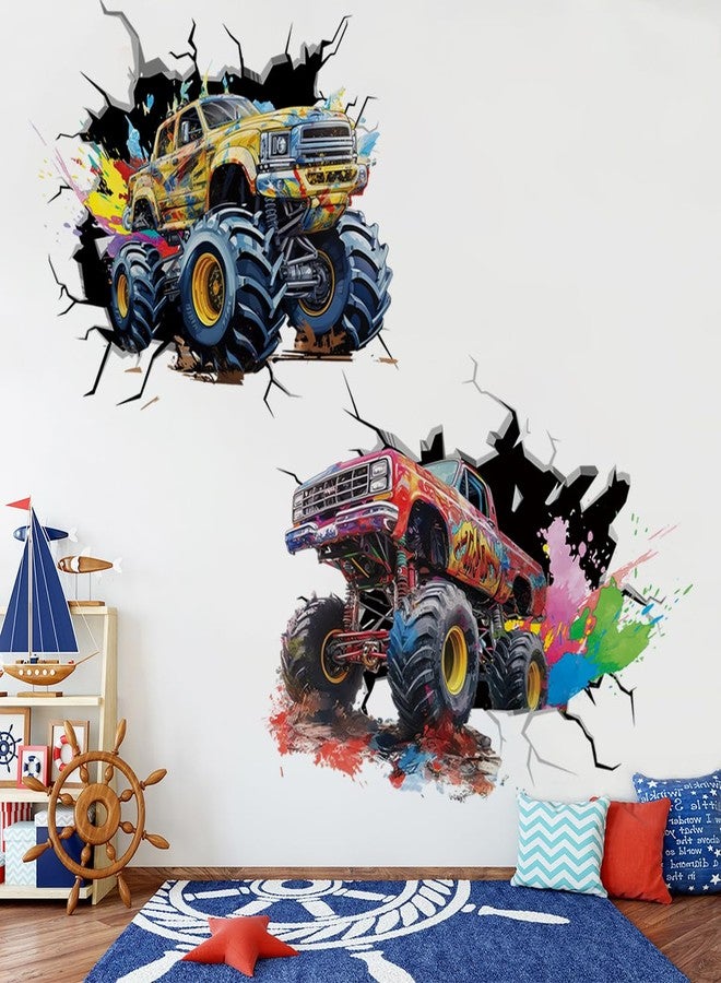 Runtoo Large Monster Truck Wall Decals for Boys Room Watercolor 3D Racing Car Wall Sticker Kids Bedroom Playroom Decor - Image 3