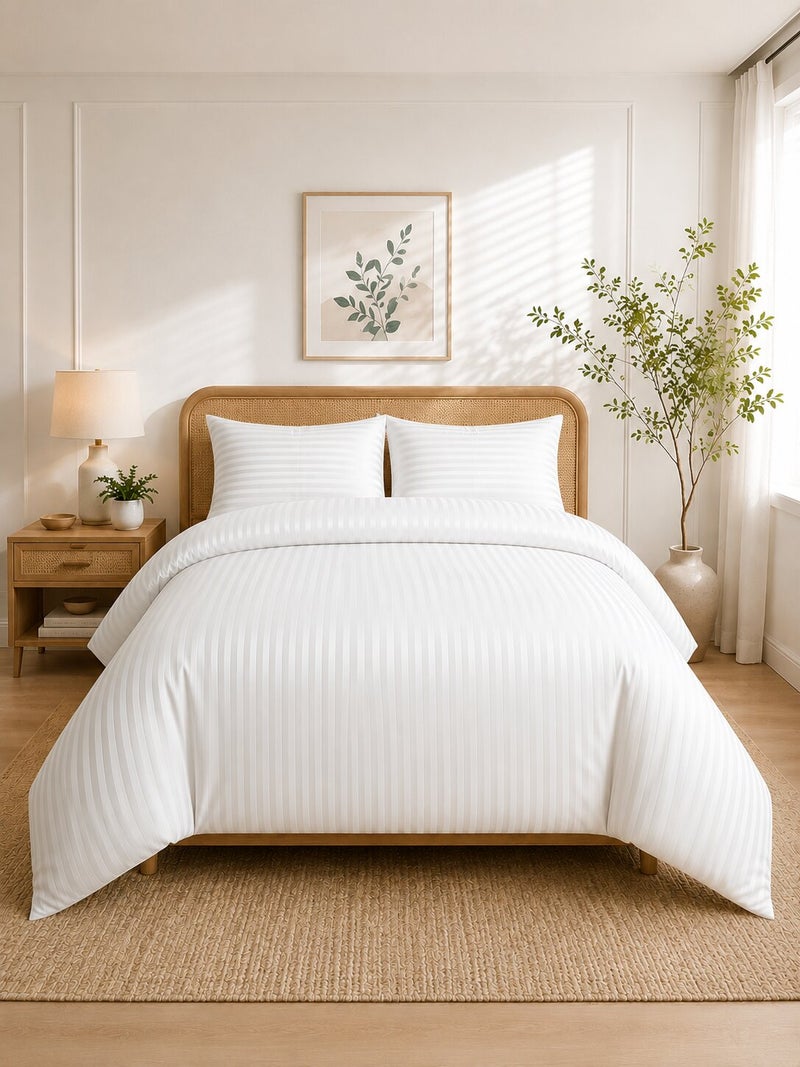 Aristocrat 4-Piece Stripe Microfiber Duvet Cover Set | Queen | Includes 1 Duvet Cover (220x240cm), 1 Deep Pocket Fitted Sheet (180x200+30cm) & 2 Pillowcases (53x75+15cm) | Ultra Soft, Breathable & Wrinkle Resistant | white - Image 1