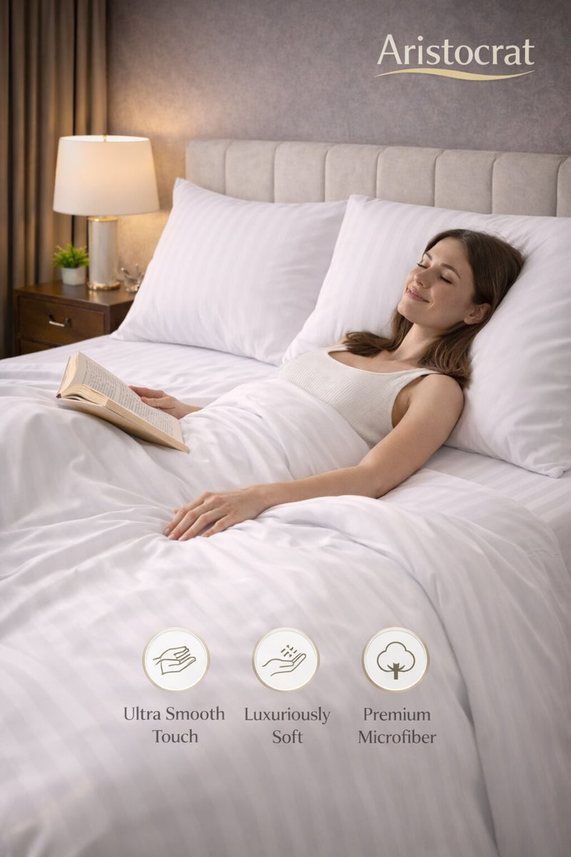 Aristocrat 4-Piece Stripe Microfiber Duvet Cover Set | Queen | Includes 1 Duvet Cover (220x240cm), 1 Deep Pocket Fitted Sheet (180x200+30cm) & 2 Pillowcases (53x75+15cm) | Ultra Soft, Breathable & Wrinkle Resistant | white - Image 4