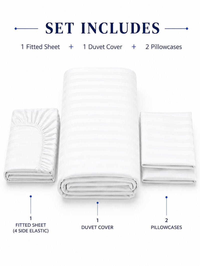 Aristocrat 4-Piece Stripe Microfiber Duvet Cover Set | Queen | Includes 1 Duvet Cover (220x240cm), 1 Deep Pocket Fitted Sheet (180x200+30cm) & 2 Pillowcases (53x75+15cm) | Ultra Soft, Breathable & Wrinkle Resistant | white - Image 2