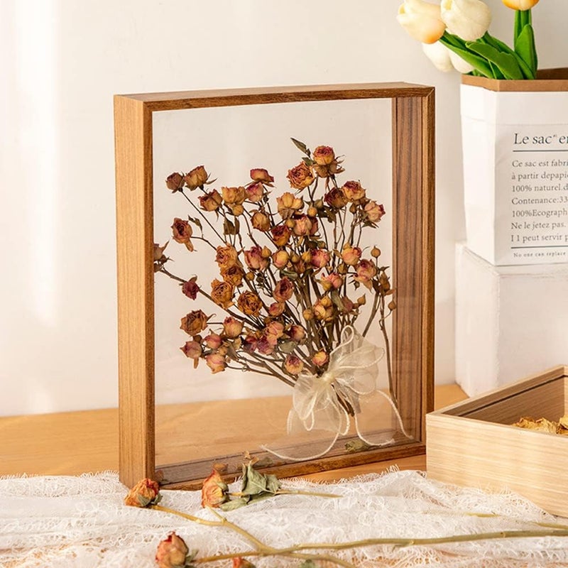 NatureMan Wooden Dried Flower Photo Frame Dried Flower Display Stand Decorative Floating Photo FrameDouble Sided Plexiglass Shadow Box Picture Framefor Display Dried FlowersHandicrafts Walnut color8x12