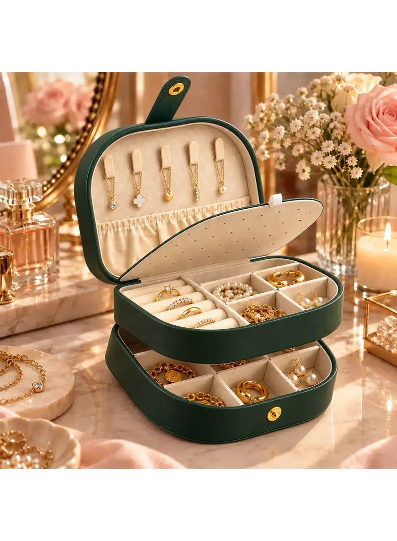 Jewelry Organizer Box for Women, 2-Layer PU Leather Jewelry Storage Case with Necklace Hooks, Ring Rolls, Removable Earring Panel & Compartments, 17 × 12 × 8 cm – Dark Green - Image 2