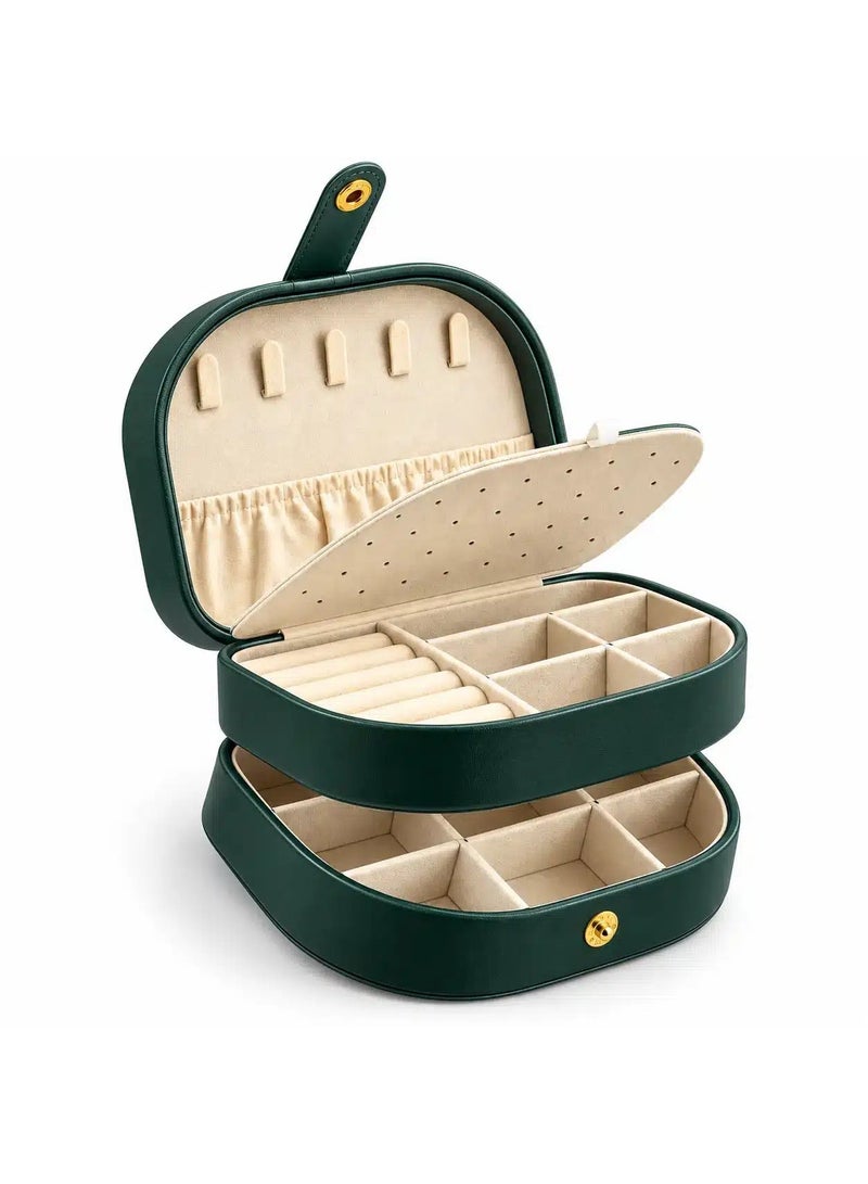 Jewelry Organizer Box for Women, 2-Layer PU Leather Jewelry Storage Case with Necklace Hooks, Ring Rolls, Removable Earring Panel & Compartments, 17 × 12 × 8 cm – Dark Green - Image 1