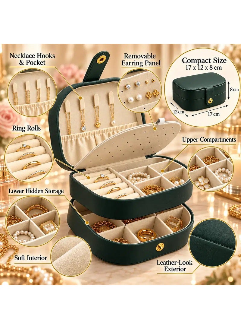Jewelry Organizer Box for Women, 2-Layer PU Leather Jewelry Storage Case with Necklace Hooks, Ring Rolls, Removable Earring Panel & Compartments, 17 × 12 × 8 cm – Dark Green - Image 3