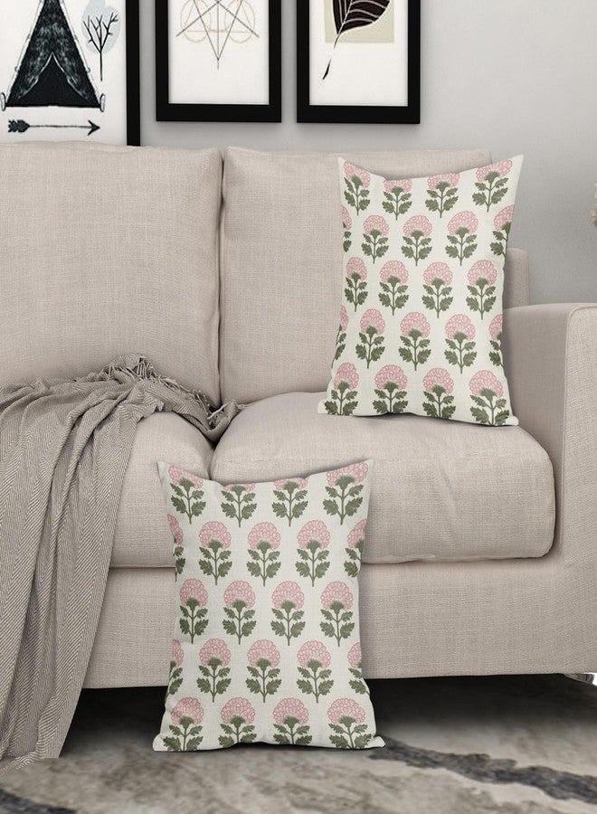 Aytipun Pink Green Floral Block Print Pillow Covers 18x18 Set of 2 Flower Pattern Cream Spring Summer Decorative Throw Pillowcases Outdoor Rustic Farmhouse Cushion Cases Decor for Home Couch Sofa Bed - Image 3