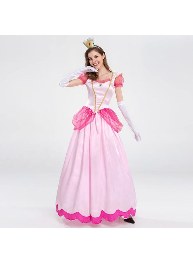 ODIZLI Princess Peach Costume Adult Women Super Mario Themed Party Fancy Dress Up Short Puff Sleeve Long Dress + Gloves + Crown 3Pcs Fairy Outfit Halloween Christmas Carnival Cosplay Pink M - Image 5