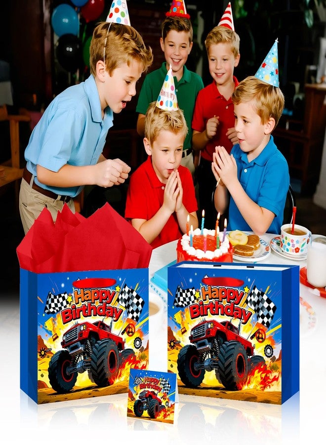 TQQBUU 12“ Monster Truck Gift Bag, Happy Birthday Gift Bag with Tissue Papers and Greeting Card, Cars Themed Party Favors for Boys, Kids Birthday Party, Baby Shower, Newborn, New Moms or Parents, 11.8"×9.4"×5.3" -1Pcs - Image 2