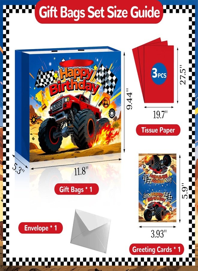 TQQBUU 12“ Monster Truck Gift Bag, Happy Birthday Gift Bag with Tissue Papers and Greeting Card, Cars Themed Party Favors for Boys, Kids Birthday Party, Baby Shower, Newborn, New Moms or Parents, 11.8"×9.4"×5.3" -1Pcs - Image 4