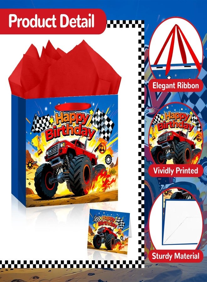 TQQBUU 12“ Monster Truck Gift Bag, Happy Birthday Gift Bag with Tissue Papers and Greeting Card, Cars Themed Party Favors for Boys, Kids Birthday Party, Baby Shower, Newborn, New Moms or Parents, 11.8"×9.4"×5.3" -1Pcs - Image 3