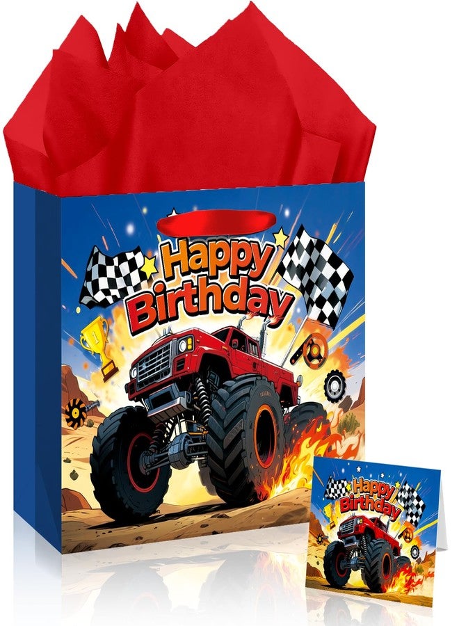 TQQBUU 12“ Monster Truck Gift Bag, Happy Birthday Gift Bag with Tissue Papers and Greeting Card, Cars Themed Party Favors for Boys, Kids Birthday Party, Baby Shower, Newborn, New Moms or Parents, 11.8"×9.4"×5.3" -1Pcs - Image 1