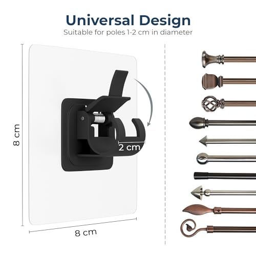 XBEY Plastic No Drill Curtain Rod Brackets No Drilling Self Adhesive Curtain Rod Holder Hooks Nail Free Adjustable Curtain Rod Hooks Curtain Hangers for Bathroom Kitchen (Black Curtain Hooks, 2) - Image 3