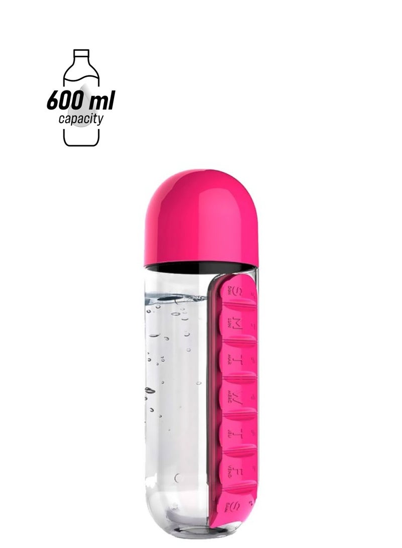 Plastic Water Bottle With Daily Pill Box Organizer Pink/Clear - Image 1