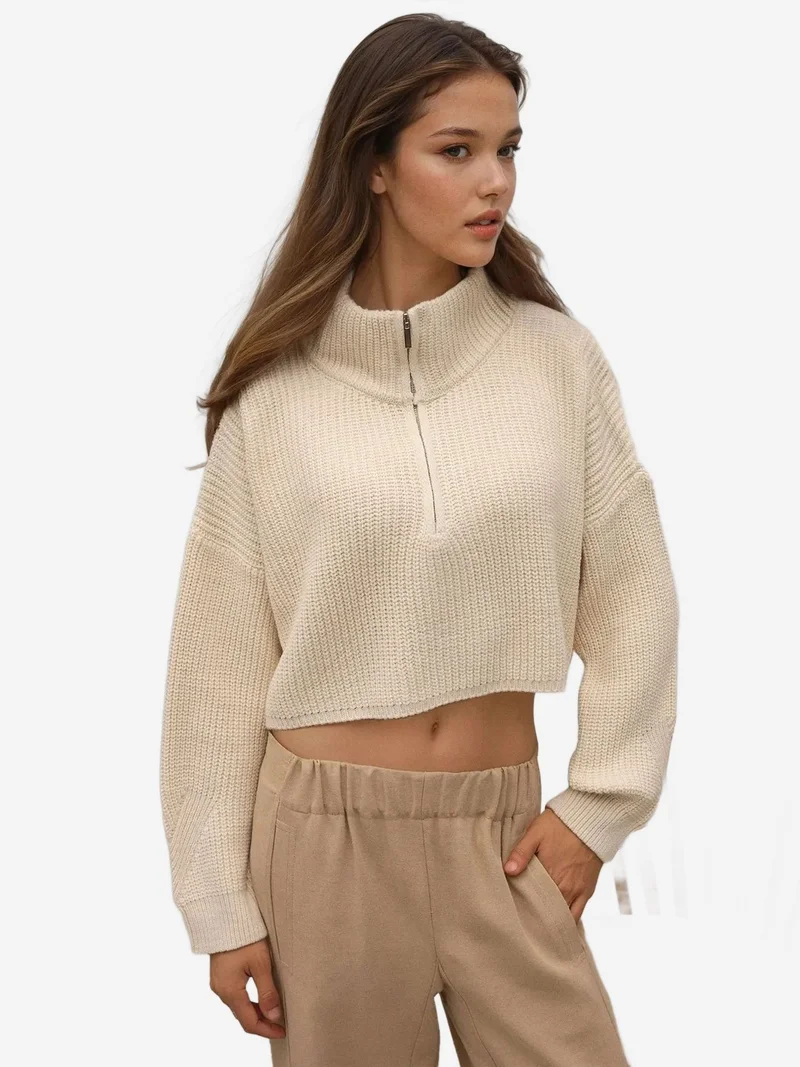 HICCUP Thick Knitwear Crop Sweater with Zipper Collar