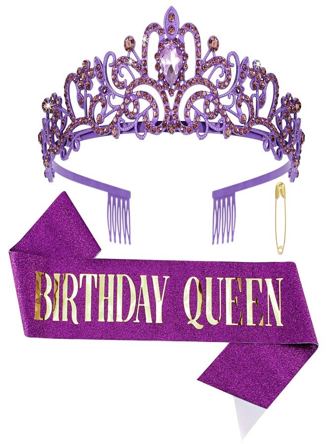 CIEHER Purple Birthday Sash & Queen Crown Kit - Decorations, Tiara for Women Girls - Birthday Crown and Sash - Image 1