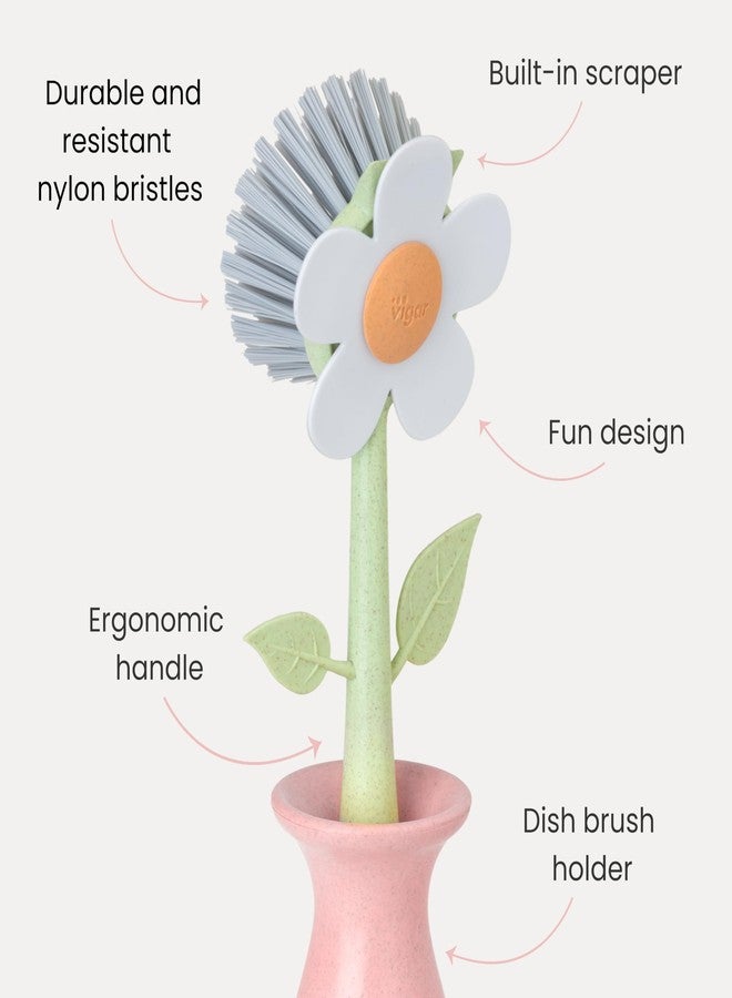 Vigar Florganic Daisy-Shaped Dish Brush with Vase Dish Brush Holder, Dish Brush with Handle, for Pot Scrubber, Kitchen Dishes, and Sink Cleaning, Pink - Image 3