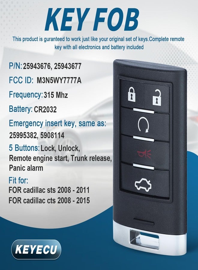 Keyecu Replacement Smart Remote Key Fob 5 Button for Cadillac STS CTS 2008-2013 - Image 2