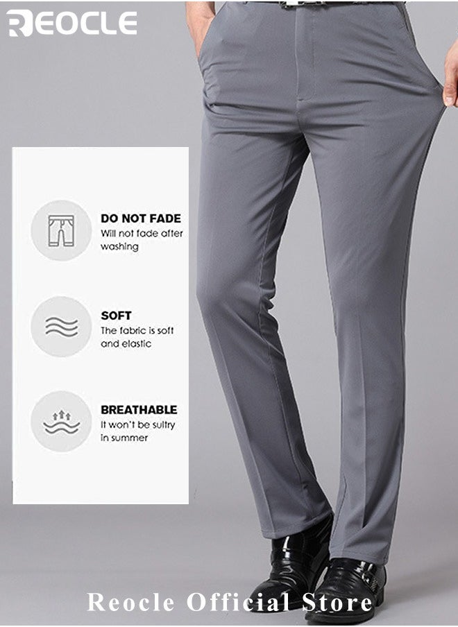 REOCLE Men's Dress Pant Classic Slim-Fit Flat-Front Suit Pant Skinny Suit Pants Gentleman Anti-wrinkle Suit Pants Summer Thin Trousers Loose Straight Fit Trousers  - Image 2