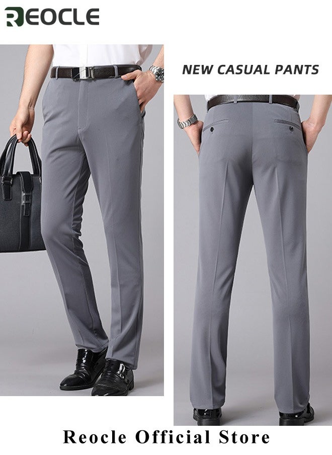 REOCLE Men's Dress Pant Classic Slim-Fit Flat-Front Suit Pant Skinny Suit Pants Gentleman Anti-wrinkle Suit Pants Summer Thin Trousers Loose Straight Fit Trousers  - Image 4
