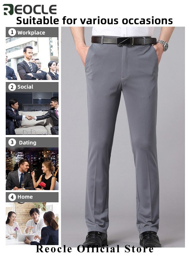 REOCLE Men's Dress Pant Classic Slim-Fit Flat-Front Suit Pant Skinny Suit Pants Gentleman Anti-wrinkle Suit Pants Summer Thin Trousers Loose Straight Fit Trousers  - Image 5