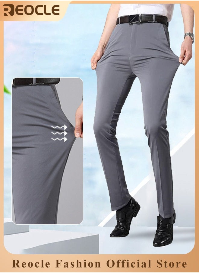 REOCLE Men's Dress Pant Classic Slim-Fit Flat-Front Suit Pant Skinny Suit Pants Gentleman Anti-wrinkle Suit Pants Summer Thin Trousers Loose Straight Fit Trousers  - Image 1