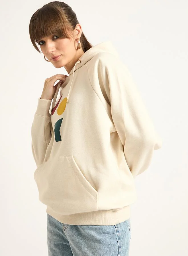 فيميلا هودي فليس كريمي بأكمام راجلان مطبع بجرافيك