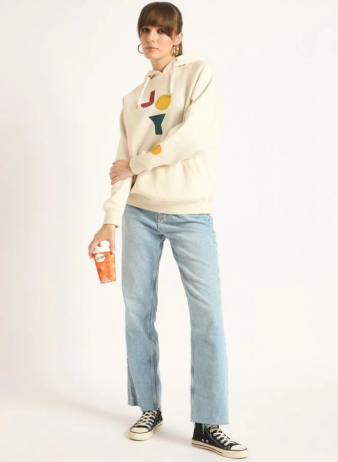 Femmella  Cream Raglan Sleeve Fleece Graphic Hoodie for Women | Best Price UAE