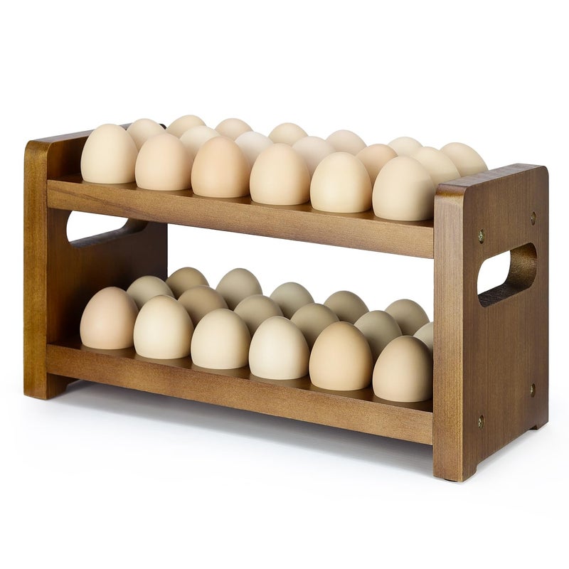 Uibyriy Egg Holder Countertop, 2-Tier Wooden Egg Holder for 36 Eggs, Wooden Countertop with Carry Handle for Chicken, Duck, and Quail Eggs - Image 1