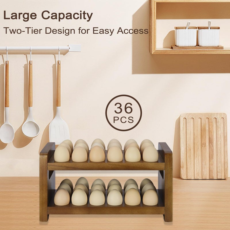 Uibyriy Egg Holder Countertop, 2-Tier Wooden Egg Holder for 36 Eggs, Wooden Countertop with Carry Handle for Chicken, Duck, and Quail Eggs - Image 3