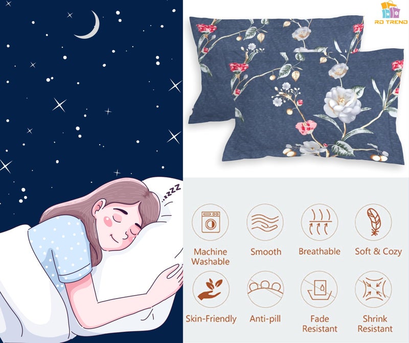 RD TREND® Glace Cotton Assorted Pillow Cover Set of 2 (4 Pcs) – Premium 210 TC, Standard Size 18"x28" | Soft & Breathable Floral Printed Design for Bedroom |Grey&Teal - Image 3