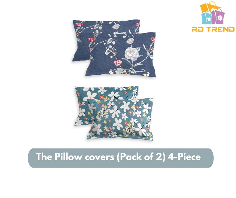 RD TREND® Glace Cotton Assorted Pillow Cover Set of 2 (4 Pcs) – Premium 210 TC, Standard Size 18"x28" | Soft & Breathable Floral Printed Design for Bedroom |Grey&Teal - Image 2