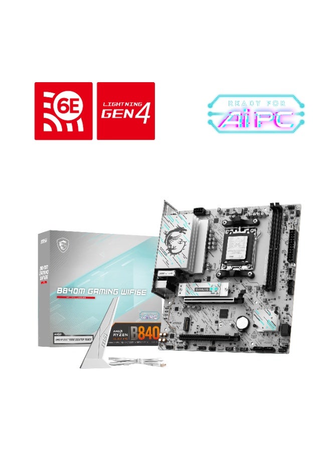 إم اس أي لوحة أم B840M للألعاب WIFI6E AM5 Micro-ATX، 2x فتحات DDR5 تصل إلى 128GB، 2x M.2، 4x SATA، PCIe 4.0 x16، Wi-Fi 6E، BT 5.3، 2.5Gb LAN، HDMI/DP، RGB، TPM، فلاش BIOS، أسود | 911-7E76-001 - Image 1