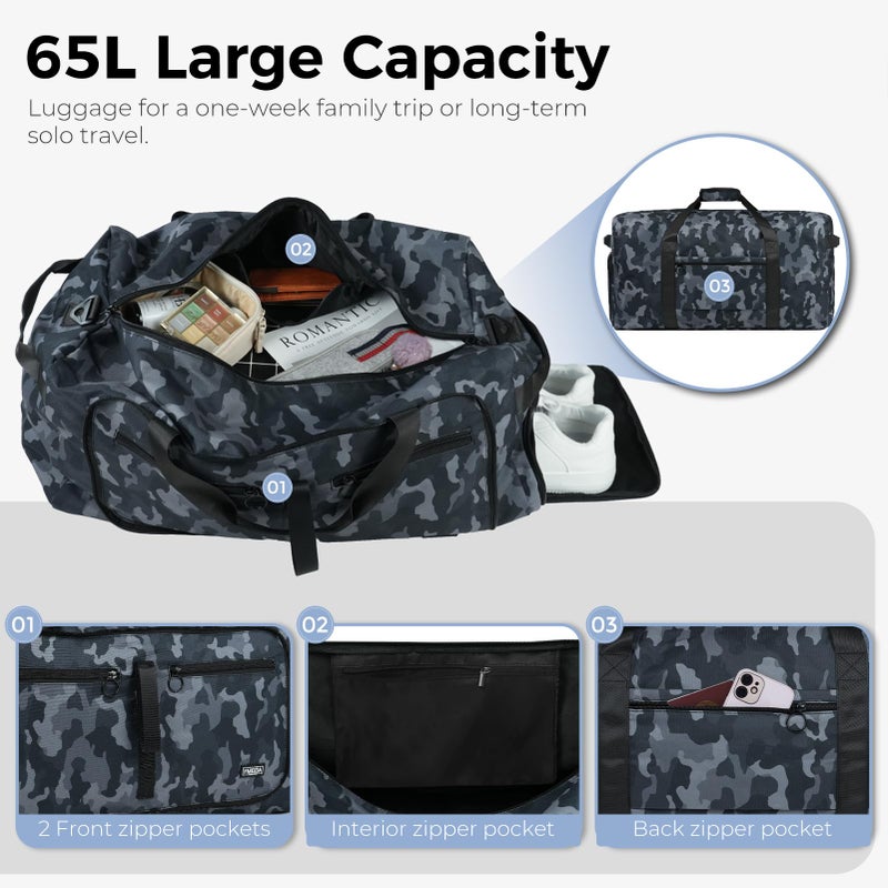 Fmeida 65L Duffle Bag with Shoes Compartment, Foldable Travel Duffel Bags for Men Women, Large Packable Travel Bag Water Repellent & Tear Resistant (BlackCamo) - Image 4