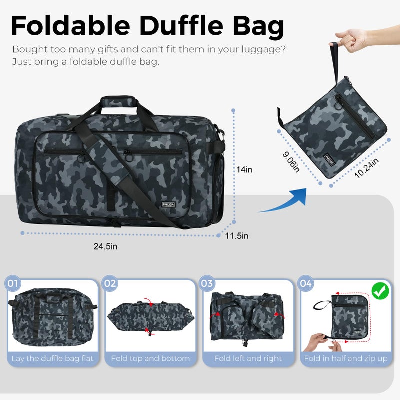 Fmeida 65L Duffle Bag with Shoes Compartment, Foldable Travel Duffel Bags for Men Women, Large Packable Travel Bag Water Repellent & Tear Resistant (BlackCamo) - Image 3